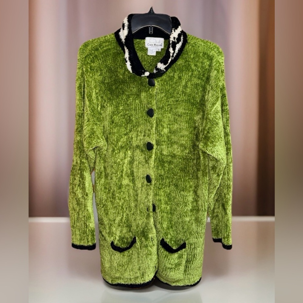 Vtg Casa Malia Vibrany Olive Teddy Jacket with Black Accents - S - GUC